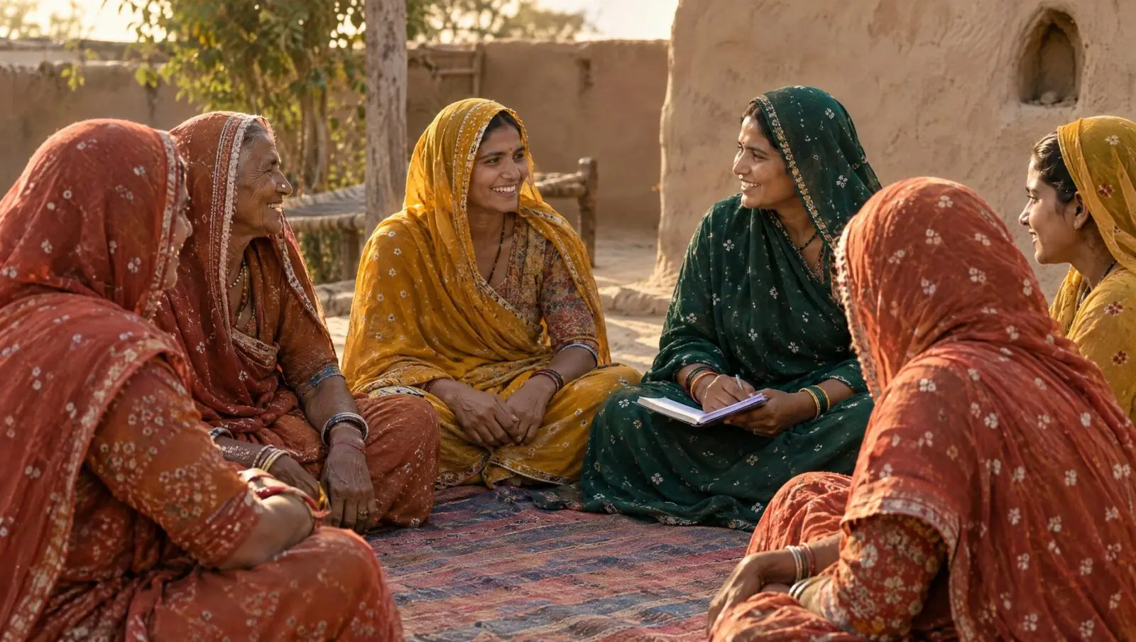 Women from a self-help group meeting in a village courtyard